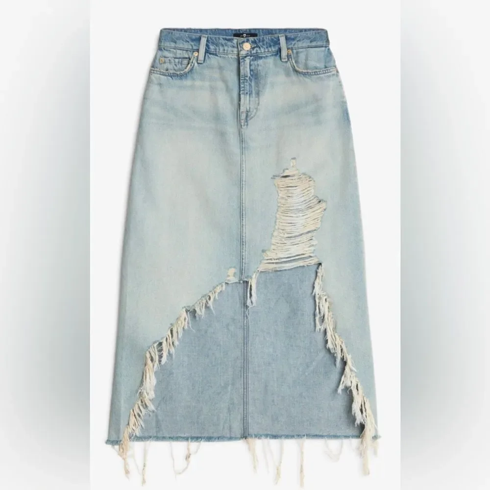 7 For All Mankind Denim Midi Skirt in Peaches Distressed Light Wash Size 27 NWT